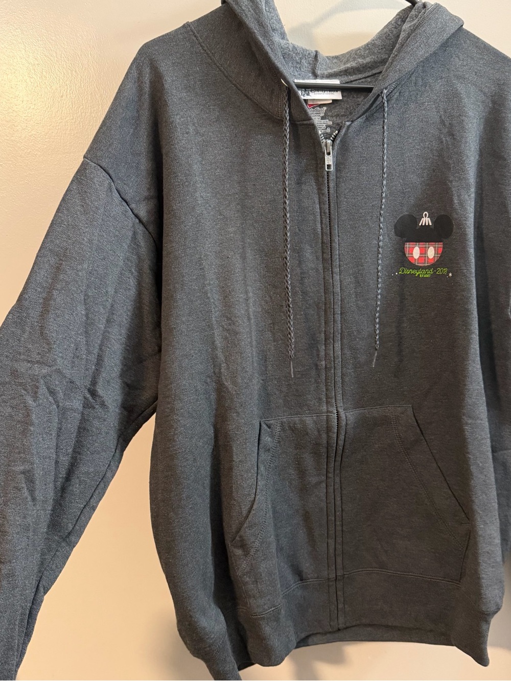Disney Unisex Dark Gray Zip-Up Hoodie with Red Plaid Mickey Accent